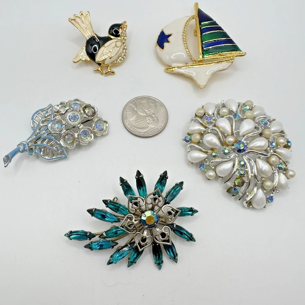 Vintage Brooch Lot 5 Rhinestone Enamel Faux Pearl Sailboat Flower Starburst Pins